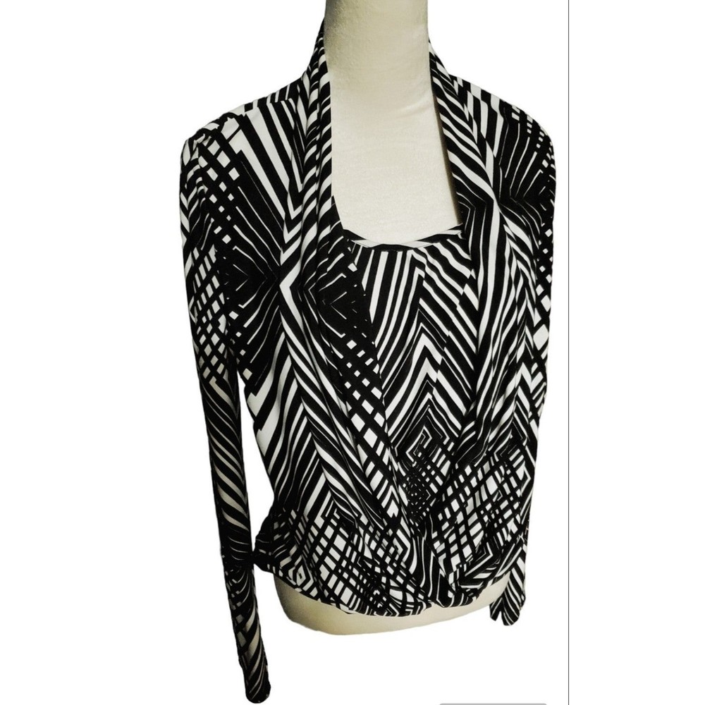 Anne Klein black & white layered blouse geometrical print M twist front stretch